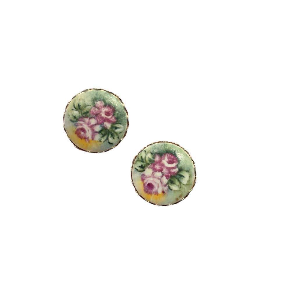 Vintage Hand Painted Porcelain Floral Earrings Screwback Rose Cottagecore 1950s